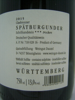Dautel Spätburgunder 2015 Schilfsandstein *** Württemberg Rotwein trocken 0,75l
