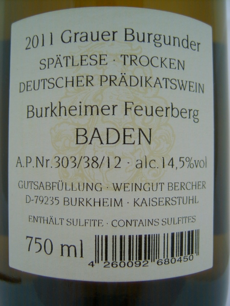Weingut Bercher Grauer Burgunder Burkheimer Feuerberg 2018 Spätlese trocken, Kaiserstuhl, Weißwein 0,75l