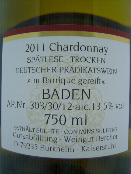 Weingut Bercher Chardonnay 2018 Spätlese trocken, Burkheim, Kaiserstuhl, Baden, Weißwein trocken 0,75l
