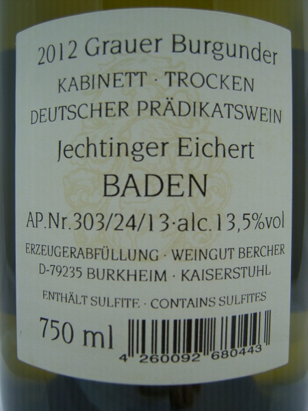 Weingut Bercher Jechtinger Grauburgunder 2022 trocken, VDP. Ortswein Kaiserstuhl, Baden, Weißwein, 0,75l