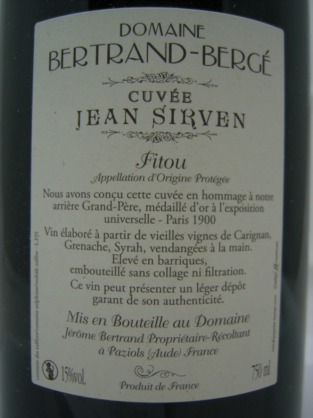 Domaine Bertrand Bergé Cuvée Jean Sirven 2015, AC Fitou, Rotwein, trocken, 0,75l