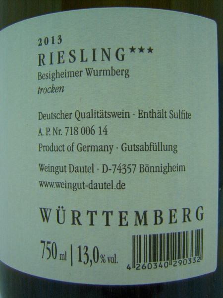 Dautel Riesling 2013*** Besigheimer Wurmberg, QbA Württemberg Weisswein trocken 0,75l