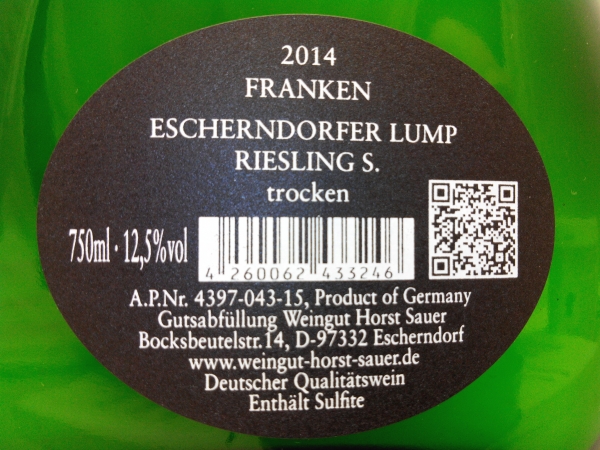 Horst Sauer Riesling S. 2015 Escherndorfer Lump, QbA Franken, Weißwein trocken 0,75l