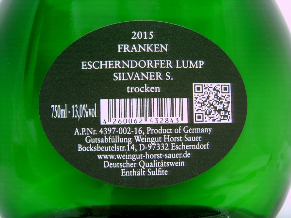 Horst Sauer Silvaner S. 2019 Escherndorfer Lump, QbA Franken, Weißwein trocken 0,75l