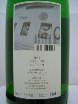 Weingut Tesch Riesling 2021 QbA Nahe weiß trocken 1 Liter