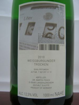 Weingut Tesch, Weissburgunder 2022, QbA Nahe, weiss, 1 Liter