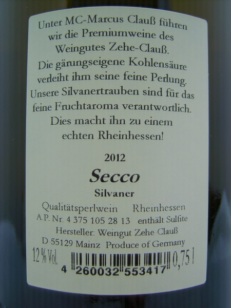 Zehe-Clauß Edition Marcus Clauß MC Secco 2022 Silvaner, Qualitätsperlwein Rheinhessen, weiß, trocken, 0,75l